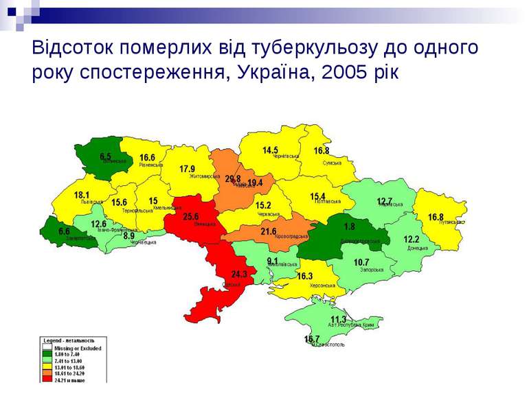 Відсоток померлих від туберкульозу до одного року спостереження, Україна, 200...