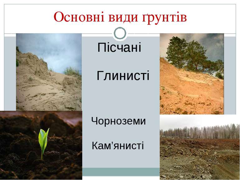 Основні види ґрунтів Пісчані Глинисті Чорноземи Кам’янисті