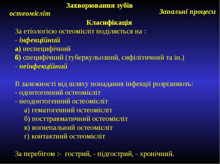 Захворювання зубів Запальні процеси остеомієліт Класифікація За етіологією ос...