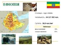 ЕФІОПІЯ Східна Африка.   Столиця – Адіс-Абеба Чисельність - 64 117 452 чол. Г...