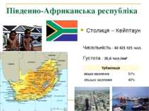 Південно-Африканська республіка ПАР Столиця – Кейптаун   Чисельність - 43 421...