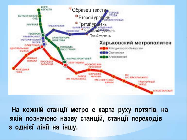 На кожній станції метро є карта руху потягів, на якій позначено назву станцій...