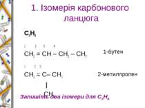 1. Ізомерія карбонового ланцюга С4Н8 1 2 3 4 СН2 = СН – СН2 – СН3 1 2 3 СН2 =...