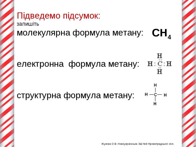 Підведемо підсумок: запишіть молекулярна формула метану: електронна формула м...