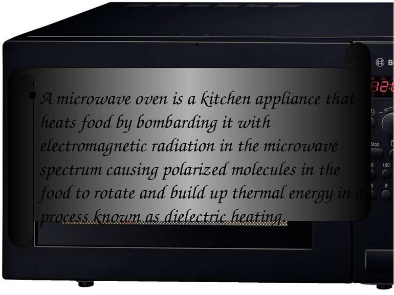 . A microwave oven is a kitchen appliance that heats food by bombarding it wi...