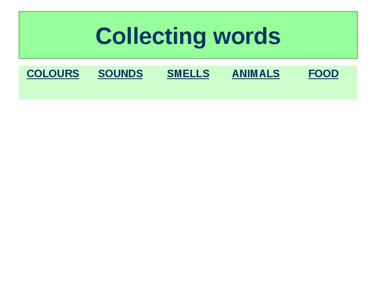 Collecting words COLOURS SOUNDS SMELLS ANIMALS FOOD
