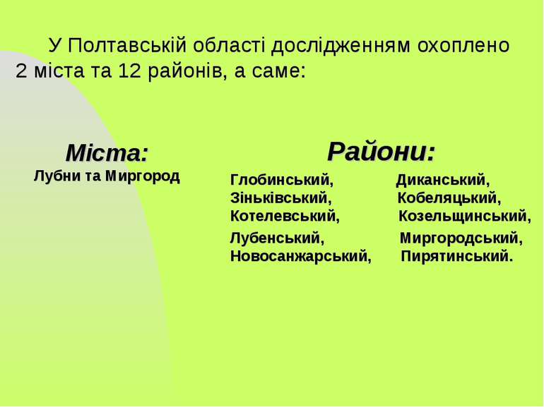У Полтавській області дослідженням охоплено 2 міста та 12 районів, а саме: Мі...
