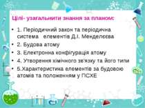 Цілі- узагальнити знання за планом: 1. Періодичний закон та періодична систем...