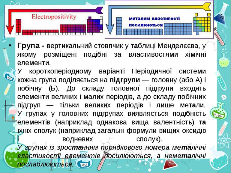 Група - вертикальний стовпчик у таблиці Менделєєва, у якому розміщені подібні...