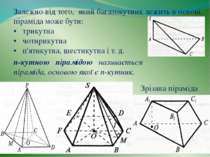 Залежно від того, який багатокутник лежить в основі, піраміда може бути: • тр...