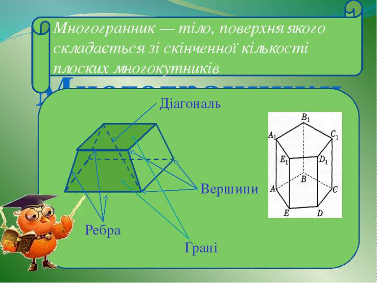 Многогранники Многогранник — тіло, поверхня якого складається зі скінченної к...