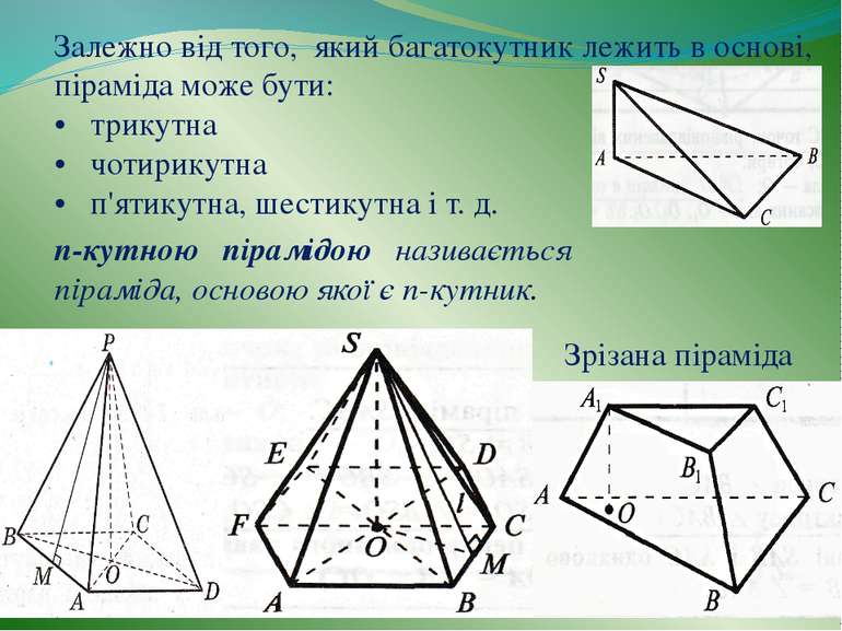 Залежно від того, який багатокутник лежить в основі, піраміда може бути: • тр...