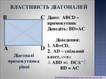 A B C D Дано: АВСD – прямокутник Доведіть: ВD=АС Доведення: АВ=СD, 2. АD – сп...