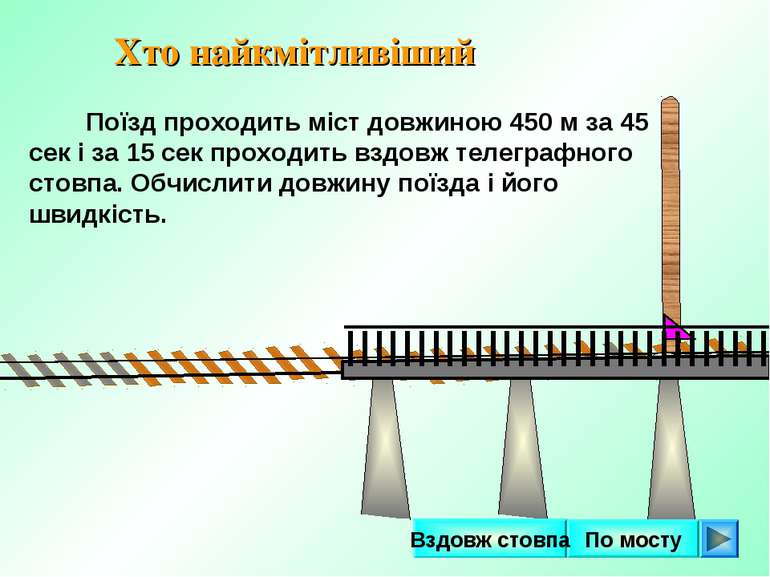 Поїзд проходить міст довжиною 450 м за 45 сек і за 15 сек проходить вздовж те...