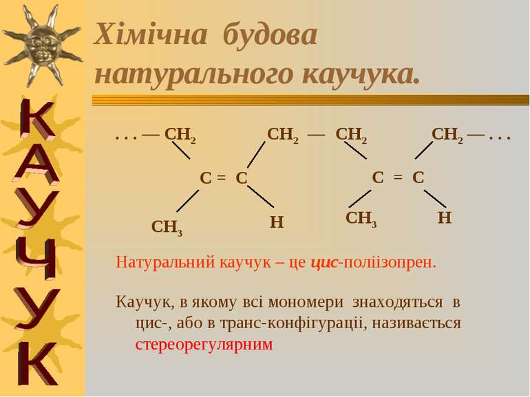 Хiмiчна будова натурального каучука. . . . — CH2 CH2 — CH2 CH2 — . . . C = C ...