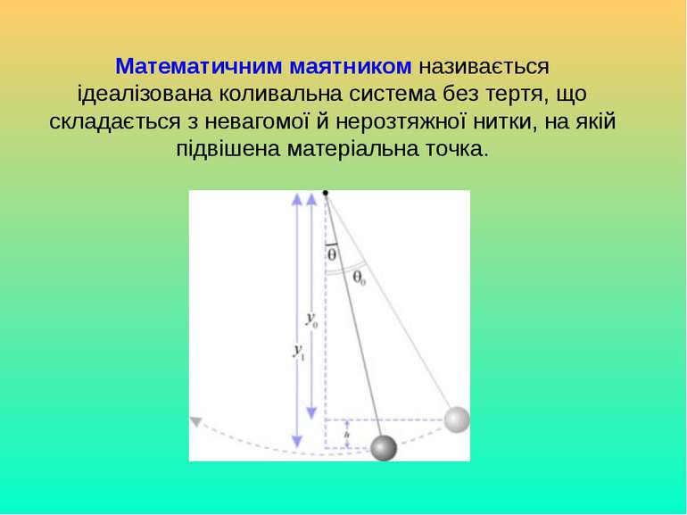 Математичним маятником називається ідеалізована коливальна система без тертя,...