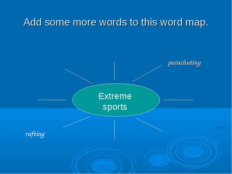 Add some more words to this word map. Extreme sports parachuting rafting