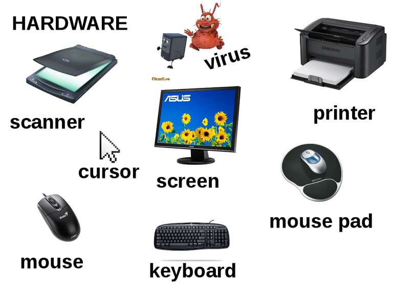 HARDWARE screen keyboard mouse mouse pad cursor printer scanner virus