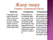 Жанр твору історико – романтична повість Повість Історична Романтична Середні...