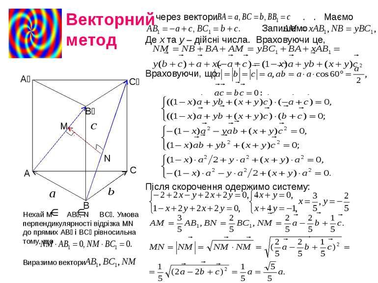 Нехай М АВ₁, N BC₁. Умова перпендикулярності відрізка МN до прямих АВ₁ і ВС₁ ...