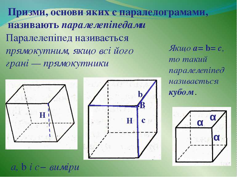 Якщо а= b= с, то такий паралелепіпед називається кубом . Призми, основи яких ...