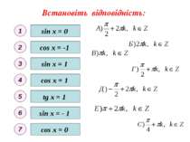 Встановіть відповідність: sin x = 0 sin x = - 1 sin x = 1 cos x = 0 cos x = 1...