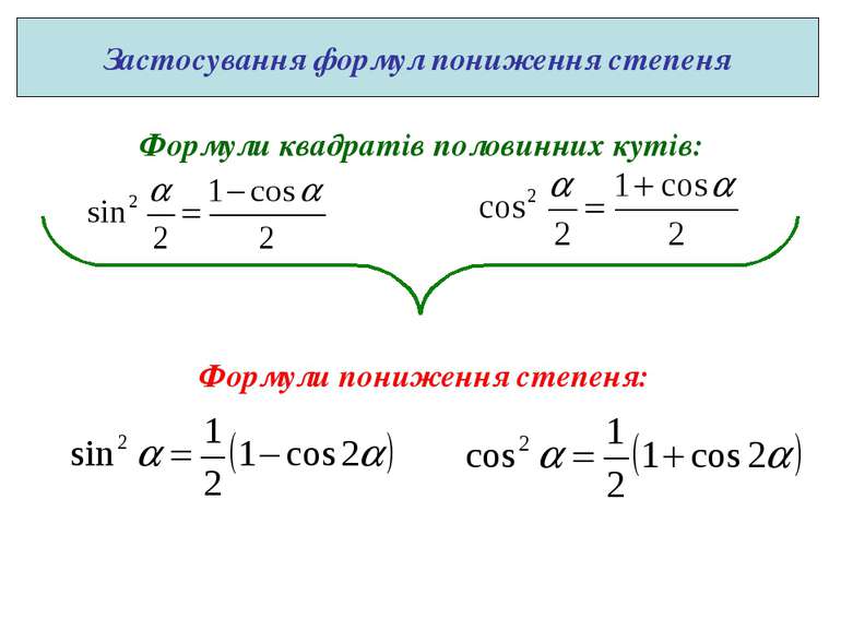 Формули квадратів половинних кутів: Формули пониження степеня: Застосування ф...