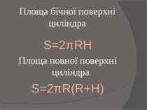 Площа бічної поверхні циліндра S=2πRH Площа повної поверхні циліндра S=2πR(R+H)