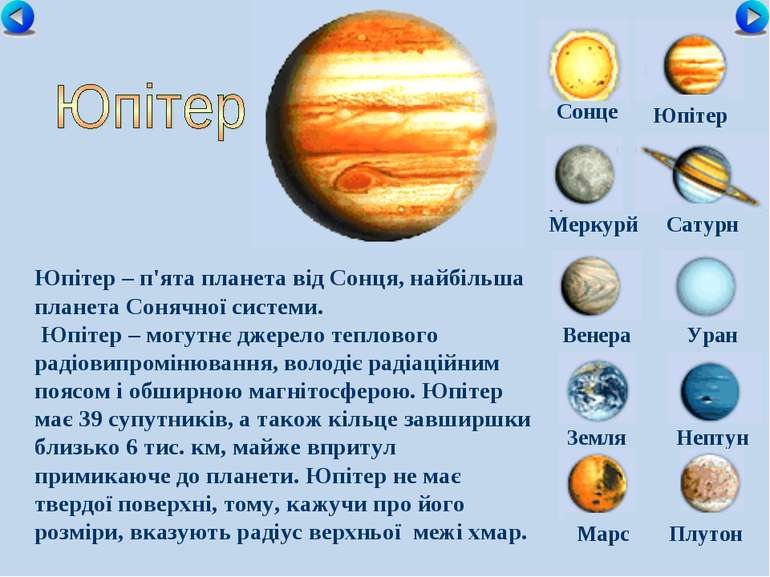 Сонце Меркурй Сатурн Венера Уран Земля Нептун Юпітер Марс Плутон Юпітер – п'я...