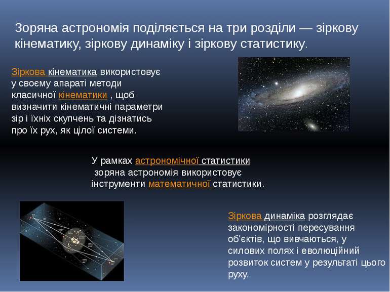 Зоряна астрономія поділяється на три розділи — зіркову кінематику, зіркову ди...