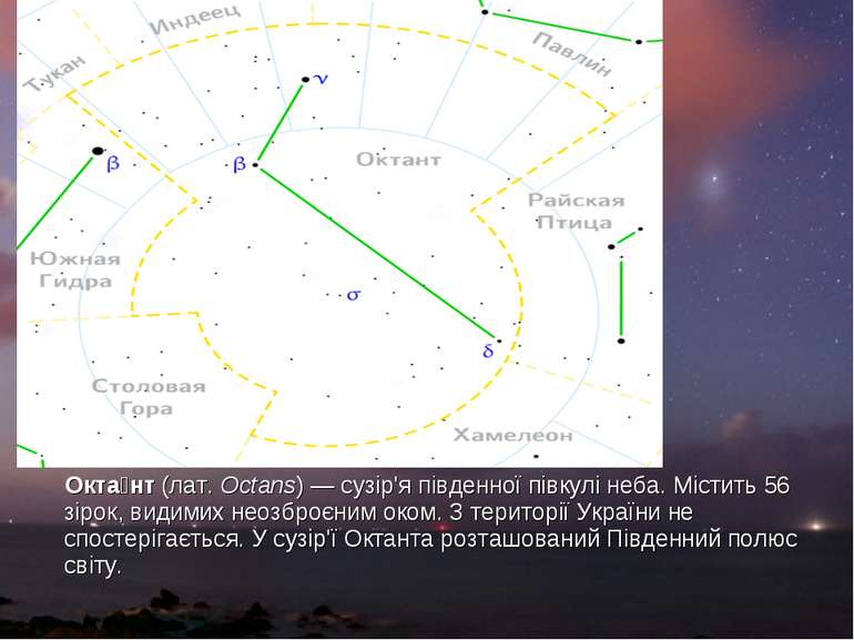 Окта нт (лат. Octans) — сузір'я південної півкулі неба. Містить 56 зірок, вид...