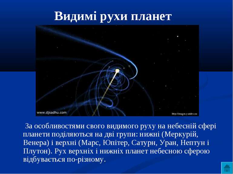 Видимі рухи планет За особливостями свого видимого руху на небесній сфері пла...