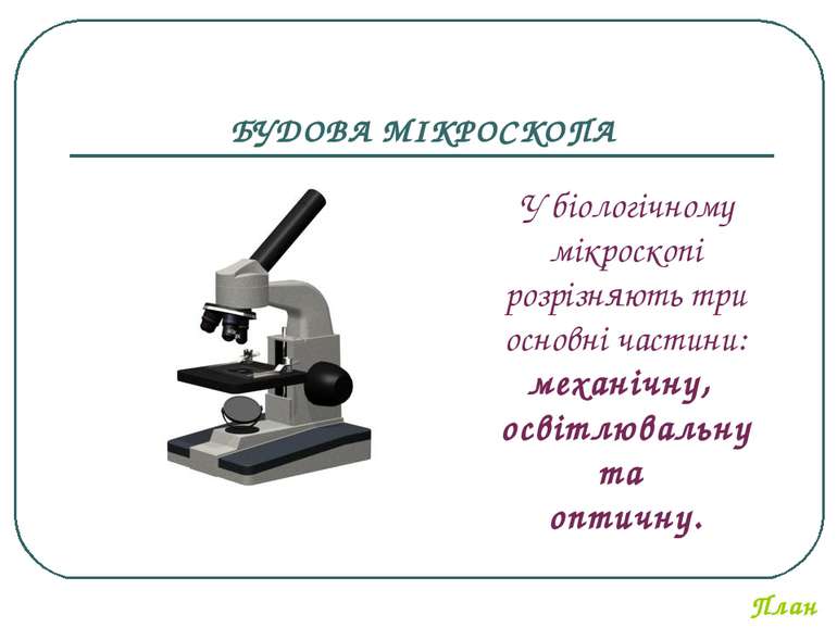 БУДОВА МІКРОСКОПА У біологічному мікроскопі розрізняють три основні частини: ...