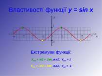Властивості функції y = sin x Екстремуми функції: Хмах = p/2 + 2pn, nÎZ, Yмах...