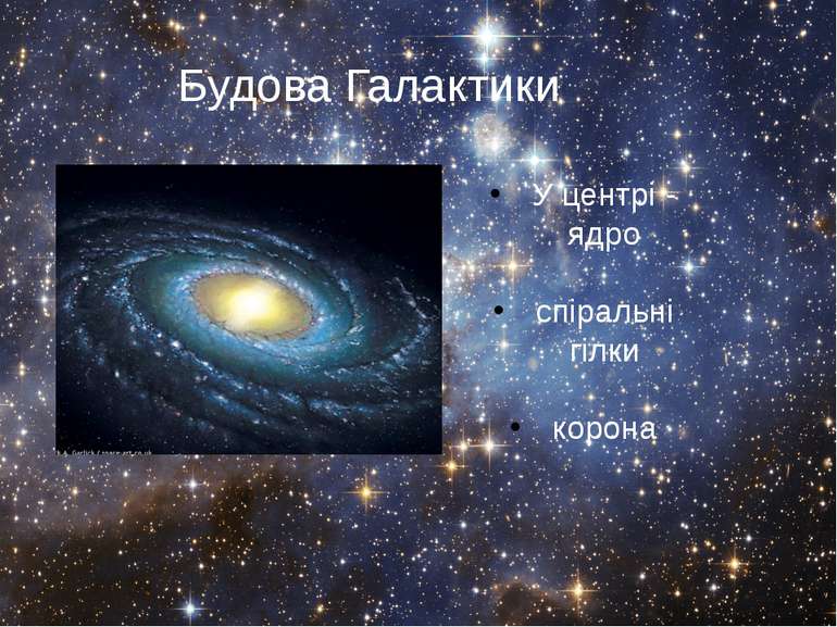 Будова Галактики У центрі - ядро спіральні гілки корона