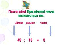 Пам’ятайте! При діленні числа називаються так: Ділене дільник частка 45 : 15 = 3