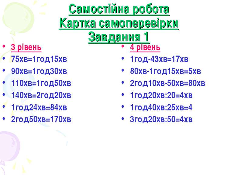 Самостійна робота Картка самоперевірки Завдання 1 3 рівень 75хв=1год15хв 90хв...