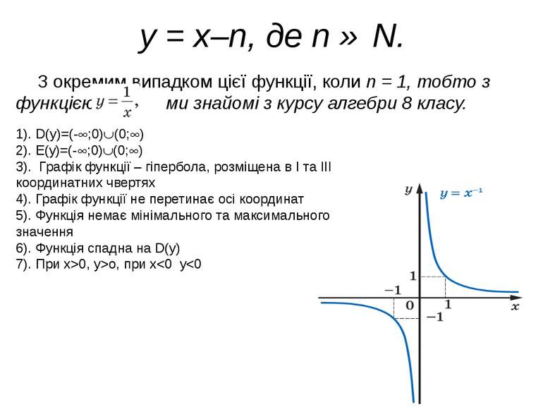 y = x–n, де n ∈ N. З окремим випадком цієї функції, коли n = 1, тобто з функц...