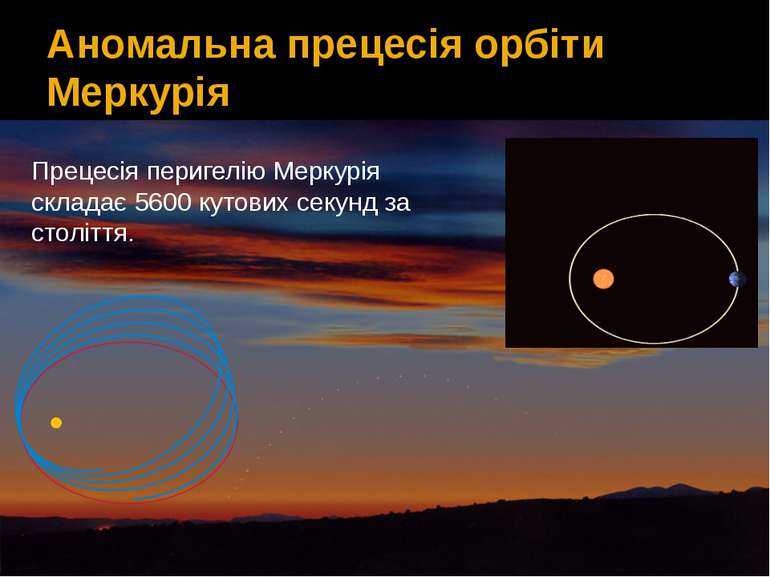Аномальна прецесія орбіти Меркурія Прецесія перигелію Меркурія складає 5600 к...