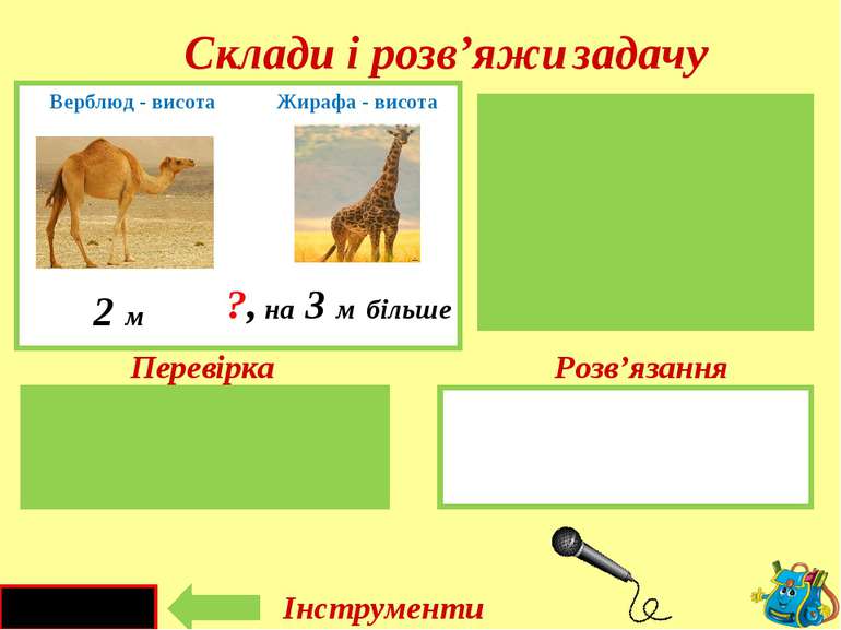 2 + 3 = 5 ( м ) Верблюд – 2м Жирафа-?, на 3м більше 2 м на 3 м більше ?, Верб...