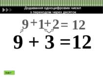 Віднімання одноцифрових чисел з переходом через десяток 12 – 3 = 2 1 12 - - =...