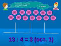 Чи можна 13 кульок розділити на 4? Я думаю ні! 13 : 4 = 3 (ост. 1)