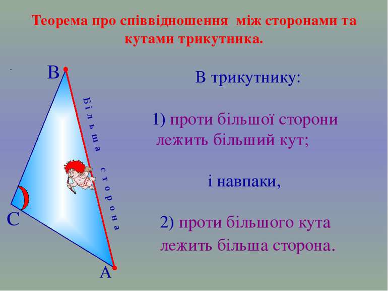 Б і л ь ш а с т о р о н а В трикутнику: 1) проти більшої сторони лежить більш...