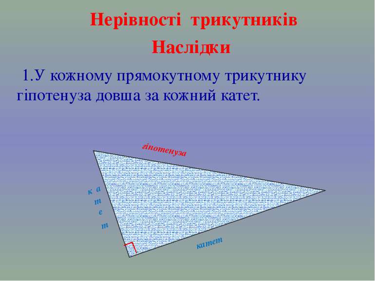 Нерівності трикутників Наслідки 1.У кожному прямокутному трикутнику гіпотенуз...