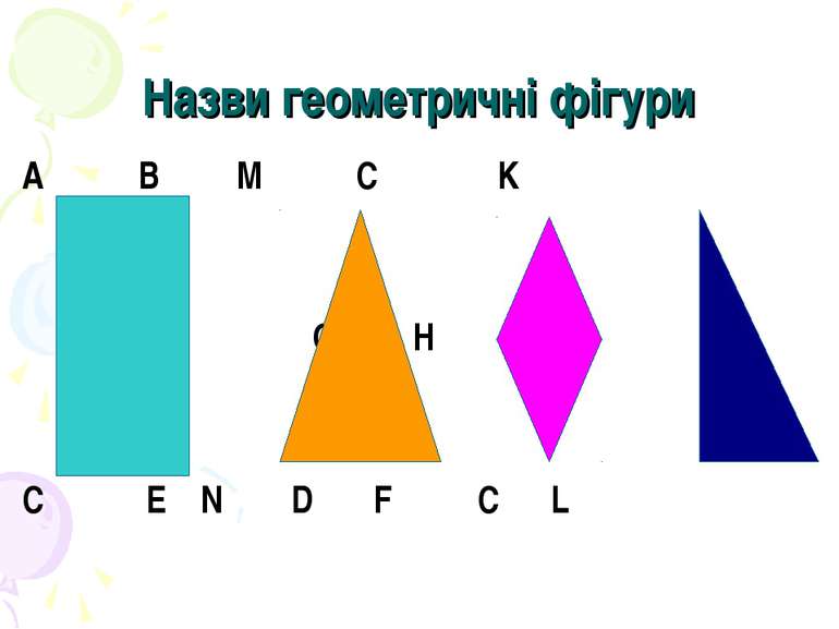 Назви геометричні фігури A B M C K O H C E N D F C L