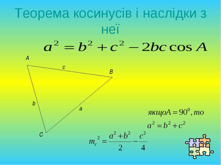 Теорема косинусів і наслідки з неї A B C a b c
