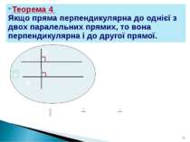 a Теорема 4 Якщо пряма перпендикулярна до однієї з двох паралельних прямих, т...