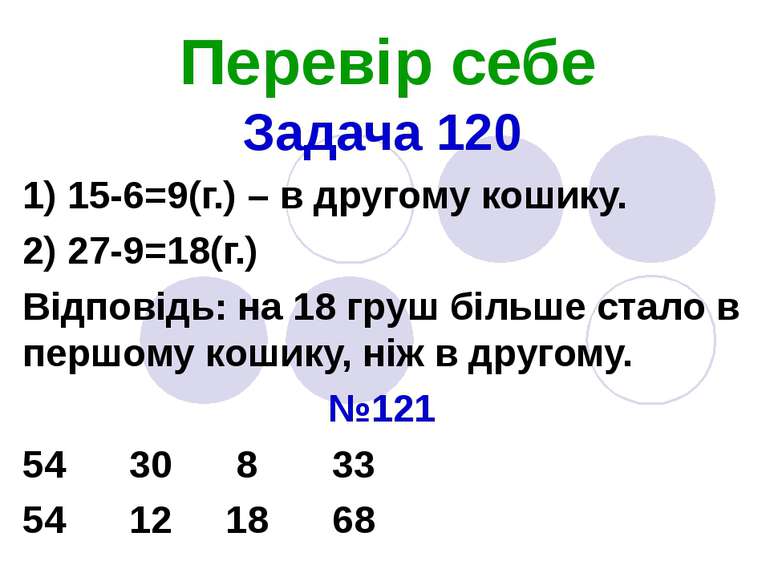 Перевір себе Задача 120 1) 15-6=9(г.) – в другому кошику. 2) 27-9=18(г.) Відп...