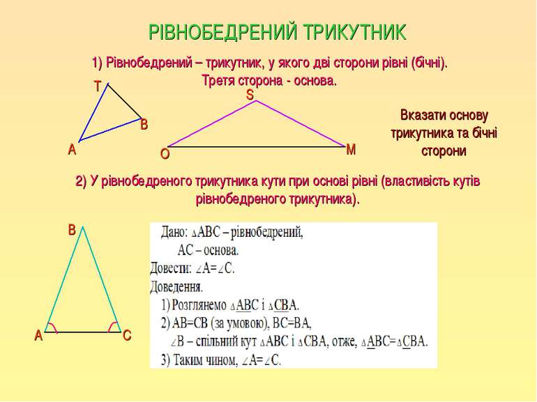 РІВНОБЕДРЕНИЙ ТРИКУТНИК 1) Рівнобедрений – трикутник, у якого дві сторони рів...