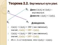 Теорема 2.2. Вертикальні кути рівні. L(а1b1) + L(a2b1) = 1800 ( как смежные),...